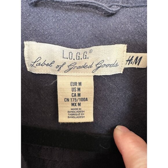 H&M LOGG Men's Black Jacket Size M collared full zip linen pockets lightweight - Picture 3 of 6